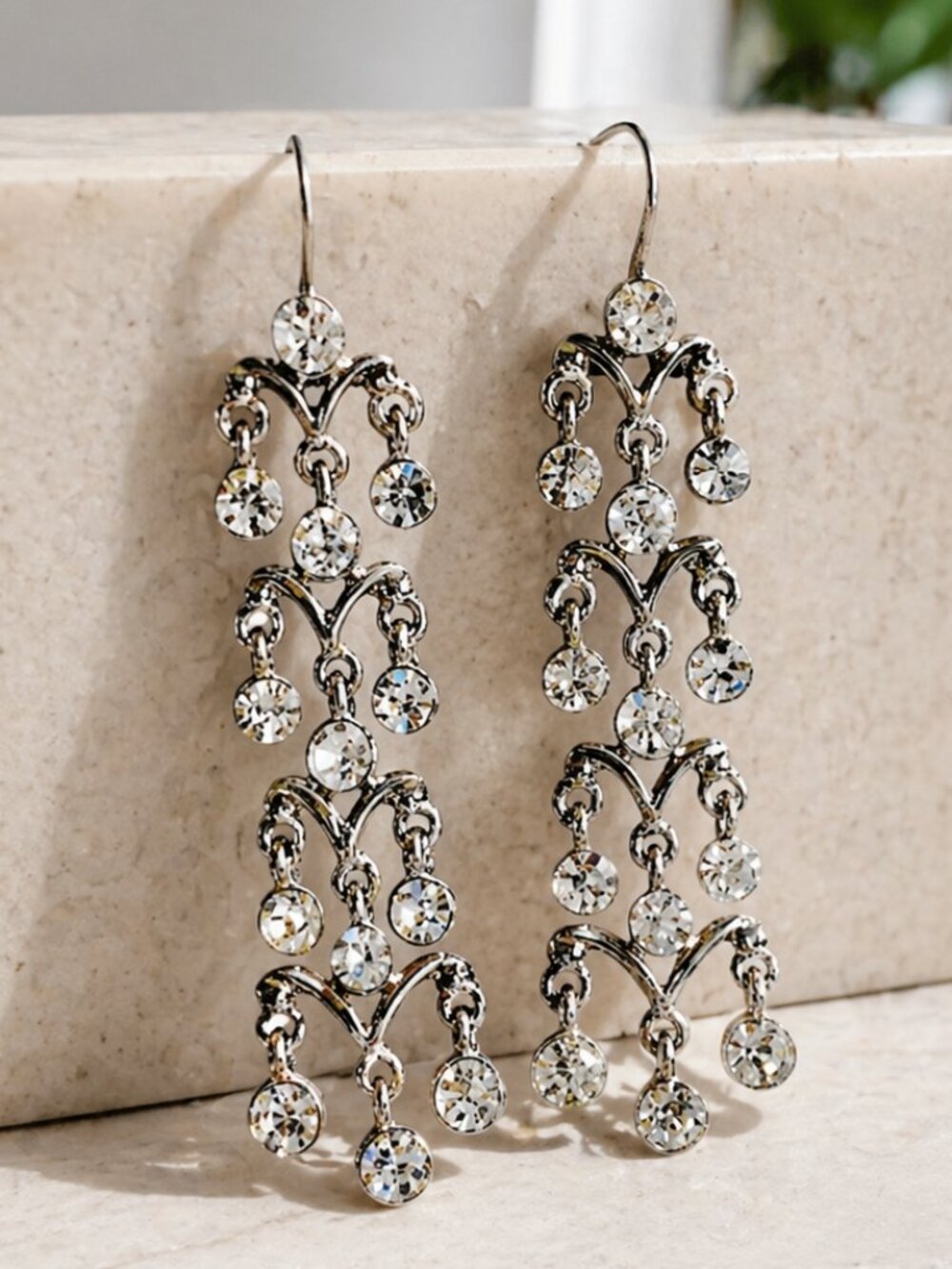 Vintage Monet Crystal Chandelier Earrings Silver Rhinestone Dangle 2.25” EUC